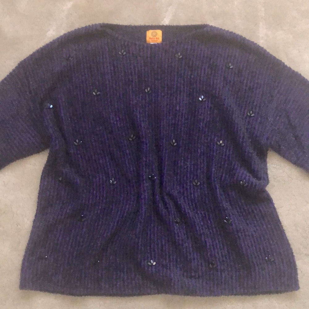 NEW! Ruby Rd. Woman dark purple and black embellished 3/4 sleeve sweater - Picture 11 of 16